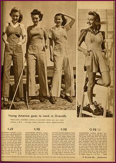 ..1940's catalog...sportswear page... Young America goes to work in Overalls vintage fashion style photo print ad models magazine catalogue 40s war era pant trouser top shirt shoes shorts 1940s Aesthetic, Blithe Spirit, 1940's Fashion, 40s Style, Overalls Vintage, Patron Vintage