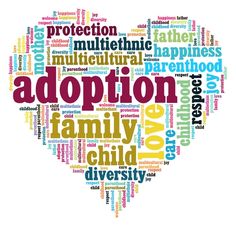 a heart shaped word cloud with the words adoption in different languages, including family and love