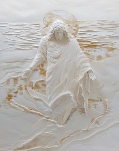 a white statue is in the middle of some brown and white paint with water around it