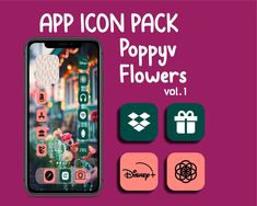 the app icon pack for poppy flowers is displayed on an iphone screen with other icons