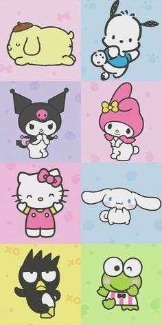 hello kitty and other cartoon characters are shown in four different color scheme, each with their own character