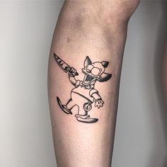 a tattoo on the leg of a person with a knife and mouse holding a baseball bat