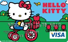 a hello kitty visa card with an apple on the front and red bike in the back