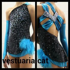 the back of a woman's leotard with blue feathers and sequins