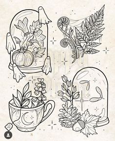 some drawings of plants and vases on a piece of paper with the words happy thanksgiving written