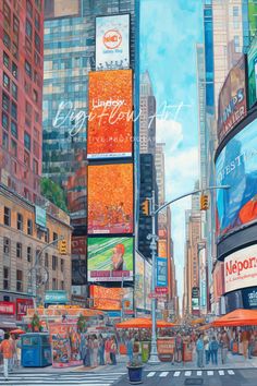 a painting of people crossing the street in new york city, with buildings and billboards