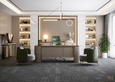 an office with two chairs and a desk in front of a wall mounted bookshelf