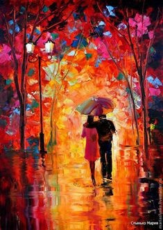 a painting of two people under an umbrella in the rain with trees and lanterns behind them