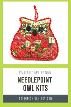 the needlepoint owl kit is shown with text that reads, available online for free