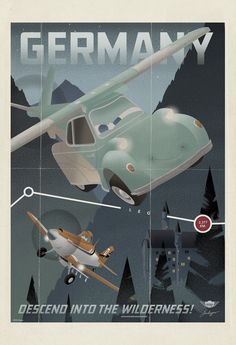 a poster with an image of a plane and other vehicles