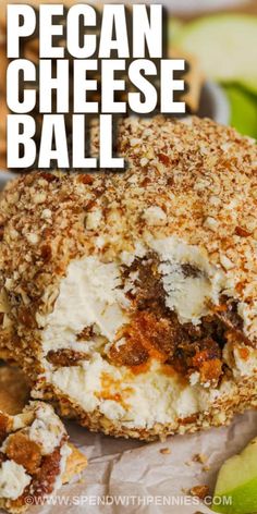 a piece of pecan cheese ball is shown with the words pecan cheese ball on it