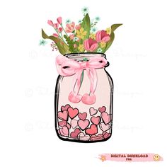 a mason jar filled with pink flowers and hearts