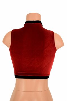 "This item is made to order, please read all the way through the listing before purchasing! This crop top is made from four way stretch lycra spandex in soft, super luscious red velvet fabric. Black velvet fabric accents around the middle opening, neckline, and hemline. It features a keyhole design in front, with a high back, and fits like a glove! TOP LENGTH: Underarm to hemline measures 8\" Womens Sizing (See below for instructions on where measurements should be taken) XXS: Bust 29\"-30\" / W Fitted Tank Vest For Club, Fitted High Neck Crop Top For Sports, Fitted Solid Color Halter Crop Top, Red Stretch Crop Top For Club, Fitted Red Halter Top Sleeveless, Fitted Vest Top For Club, Red Sleeveless Stretch Crop Top, Fitted Racerback Top For Club, Fitted High Neck Vest Top