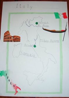 a paper map with the names of italy and other places to go on it's side