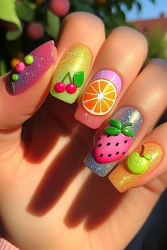 Fruit nail art is popular for its playful and refreshing look, perfect for summer or adding a pop of color to any outfit. This post lists 33 fruit nail art ideas, to inspire your next colorful and fun manicure. Summer, acrylic, designs, orange, easy, 3d, tutorial, simple, dragon, cute, strawberries, blueberry. Nails Fruit Summer, Nail Ideas With Fruits, Cute Fruit Nail Designs, Fruit Themed Nail Art, Summer Nails 2024 Fruit