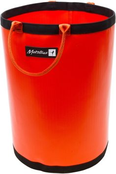 an orange and black trash can on a white background