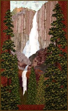 a painting of a waterfall surrounded by trees