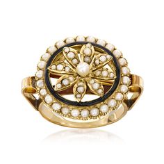 Ross-Simons - C. 1920 Vintage 2.5-3mm Cultured Pearl, Black Enamel Flower Ring, Seed Pearls in 15kt Yellow Gold. Size 8.5. C. 1920. Hailing from the Art Deco era, this one-of-a-kind ring joins our esteemed Estate collection. Luminous seed pearls decorate the petals of the open-space floral design, while 2.5-3mm cultured pearls adorn the center and entire perimeter. Accentuated by black enamel. Crafted in 15kt yellow gold. 3/4" wide. Enamel and white pearl ring. Exclusive, one-of-a-kind Estate Jewelry. Pearl birthstones are the perfect gift for June birthdays. Jewelry Presentation, White Pearl Ring, Pearl Birthstone, Antique Jewelry Rings, Gold C, Pearl Types, Seed Pearl, Enamel Flower, Art Deco Era