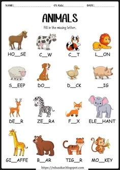 animals fill in the missing letters on this worksheet to learn basic english words