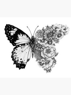 a black and white drawing of a butterfly with flowers on it's back wing