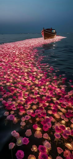 a boat floating on top of a body of water filled with pink flowers in the ocean