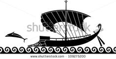 black and white drawing of a boat with sails