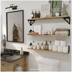 the bathroom is clean and ready to be used as a storage area for personal care items