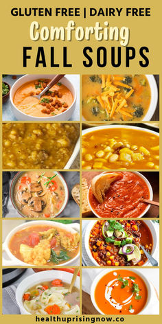 An assortment of healthy soup recipes that are also gluten free and/or dairy free. Gluten Free Dairy Free Fall Soups, Non Dairy Creamy Soup Recipes, Gf Soups And Stews, Fall Soup Recipes Non Dairy, Fall Dinner Recipes Dairy Free, Fall Soups Gluten Free, Hearty Gluten Free Soups, Dairy Free Fall Soups, Soup Recipes Without Dairy