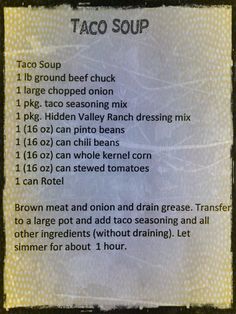 a menu for taco soup with instructions on it