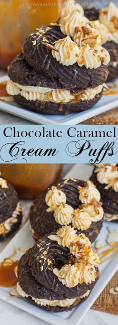 chocolate caramel cream puffs are stacked on top of each other and topped with whipped cream