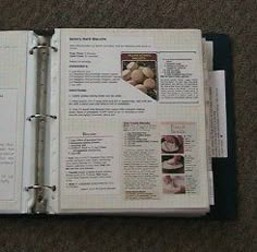 an open recipe book on the floor with pages in each section and instructions for cooking