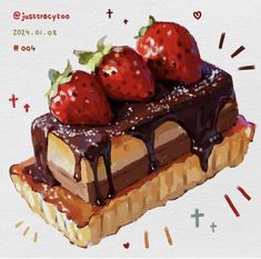 a piece of cake with chocolate and strawberries on top