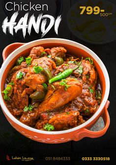 chicken handi in a bowl with coriant garnish on the side