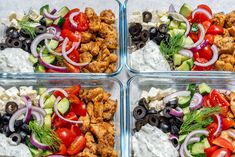 four glass containers filled with different types of food and veggies on top of each other