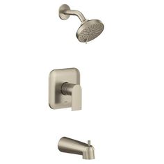 the delta shower faucet is shown in brushed steel