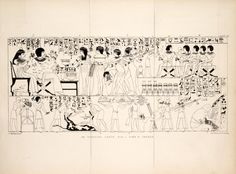 an ancient egyptian painting with people and animals on it's side, in black ink