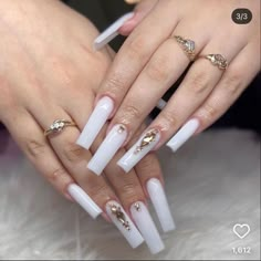 White Nail Ideas With Rhinestones, Long White Square Acrylic Nails With Rhinestones, White Long Square Nails With Diamonds, Soft White Nails Acrylic Rhinestones, All White Nails With Gems, White Jeweled Nails, Long White Acrylic Nails With Gems, Basic White Nails With Rhinestones, Long White French Tip Nails With Rhinestones