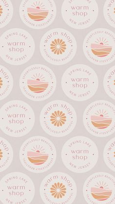 a pink and white wallpaper with various stickers on it's sides that say warm shop, warm shop, warm shop