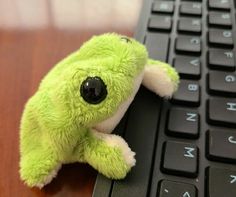 a green stuffed animal laying on top of a keyboard