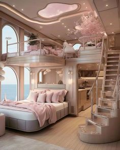 a bedroom with stairs leading up to the top floor and a bed in front of it