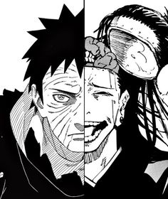 two black and white anime characters, one with his head tilted to the side while the other has long hair