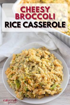 Cheesy broccoli rice casserole served in a white plate and ready to be served.