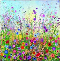 an abstract painting of colorful flowers and grass