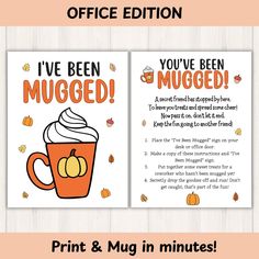 two coffee mugs with the words i've been mugged and pumpkins on them