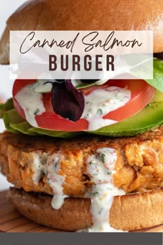 Salmon burger on a wooden board. Canned Salmon Burger Recipe, Teriyaki Salmon Burger, Salmon Patties Burgers, Salmon Burger Recipe Canned, Salmon Burger Meal Ideas, Canned Salmon Burgers, Salmon Burgers With Canned Salmon, Salmon Burger Toppings, Nutritional Psychiatry