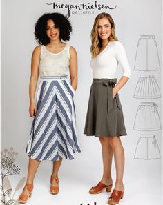 two women standing next to each other wearing skirts