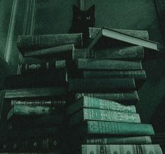 a black cat sitting on top of a pile of books