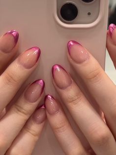 Extra Small Almond Nails, Prom Nails For Magenta Dress, Creative French Nails, Short Gelish Nails, Pink Gelish Nails, Pink Short Almond Nails, Extra Short Almond Nails, Short Nails Aesthetic