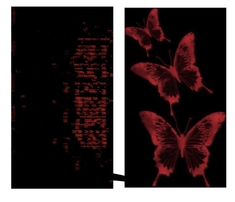 two pictures with red butterflies on them, one is black and the other is red