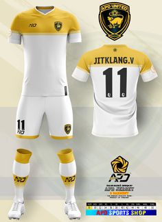 the soccer uniform is yellow and white